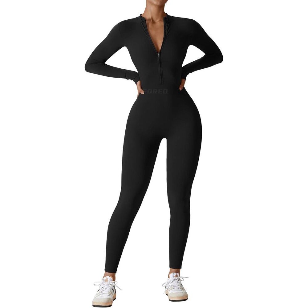 Women Long Sleeve Workout Jumpsuit Zip Up Romper Bottom Pants Bodysuit Bodycon S